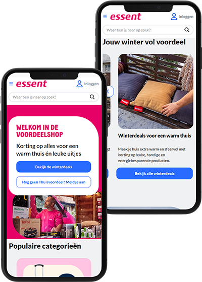 Twee telefoons met daarin een screenshot van het Essent Thuisvoordeel programma