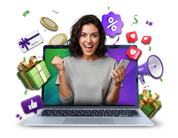 Vrouw met laptop en beloningen die een loyaliteitsprogramma en groeistrategie visualiseren