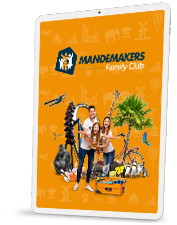 Tablet met Mandemakers Family Club loyaliteitsprogramma voor medewerkers, gezin met uitjes zoals achtbaan, dieren en vakanties op oranje achtergrond.