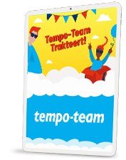 Tablet met Tempo-Team employee gifting promotie, illustraties van mensen met ballonnen en feestelijke uitstraling op gele achtergrond.