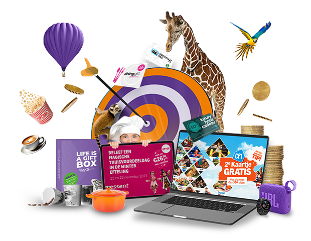 Illustratie van loyalty- en incentiveplatform met target, munten en e-commerce omgeving die groei en beloning symboliseren