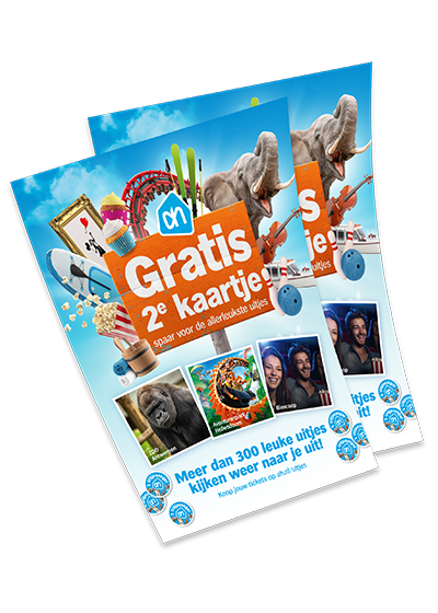 Twee flyers van de Albert Heijn uitjescampagne waarop verschillende uitjes zijn afgebeeld. Ook zie je de tekst 'Gratis tweede kaartje'.
