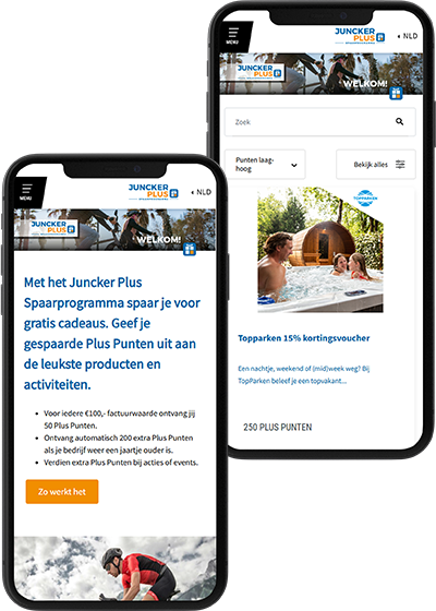 Twee telefoons met daarin een screenshot van het Juncker Plus Spaarprogramma
