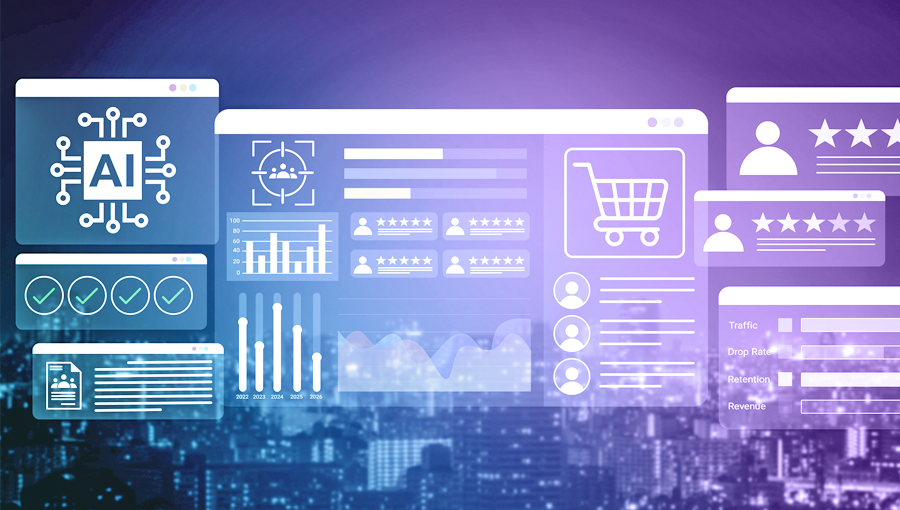 Visual van een digitaal dashboard met AI, klantdata en shopping elementen als illustratie van personalisatie binnen loyaliteitsprogramma’s.