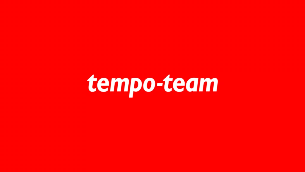 Rode achtergrond met een wit logo van Tempo Team