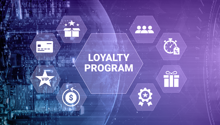 Visual voor een blog over een loyalty programma met iconen voor beloningen en kortingen rond een centraal platform, als illustratie van klantloyaliteit en engagement.
